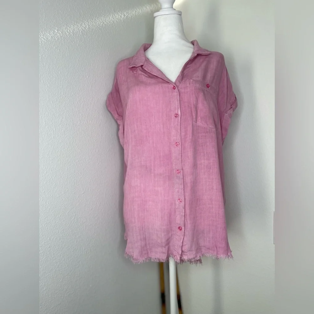 Umgee Pink Button Down Short Cuffed Sleeve Hi Low Raw Hem Lightweight Size Md - Picture 3 of 13